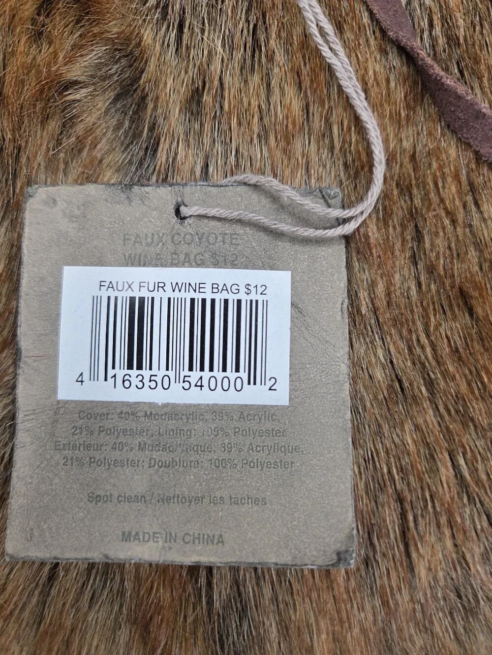 Restoration Hardware Luxe Faux Fur Coyote Wine Bag NWT Gift Bottle Bag